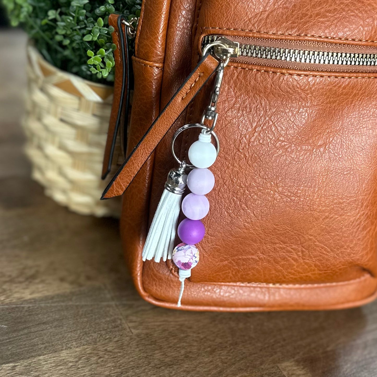 Silicone Bead Keychain - Purple Floral