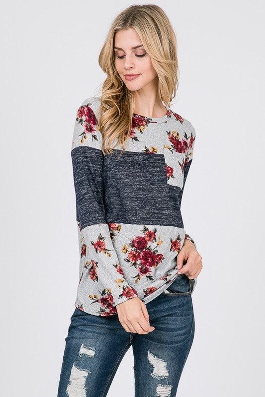 Floral Colorblock Top w/Pocket