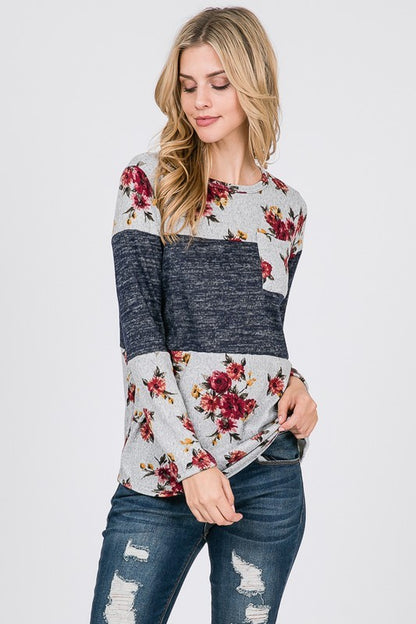 Floral Colorblock Top w/Pocket